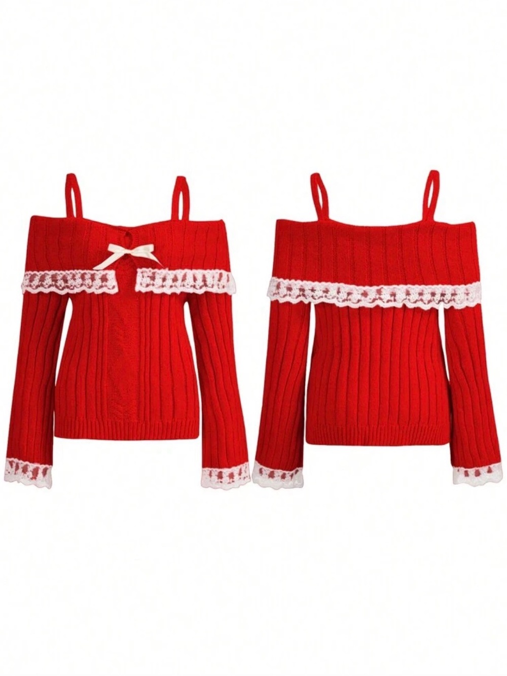 Red Off-Shoulder Ribbed Sweater with Lace Trim